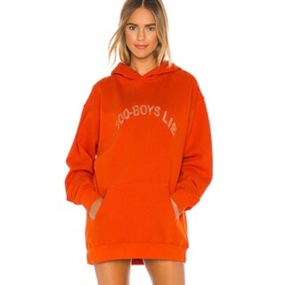 Boys Lie 1-800-Boys-Lie Remix Hoodie One Size Orange Rhinestone Embellishment